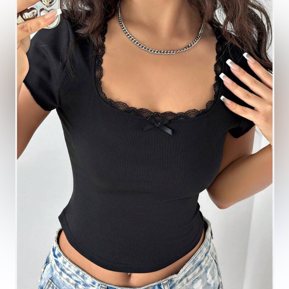 ☀️ 3/$15 SHEIN Black Ribbed Lace Trim Crop Baby Tee Shirt Bow Detail